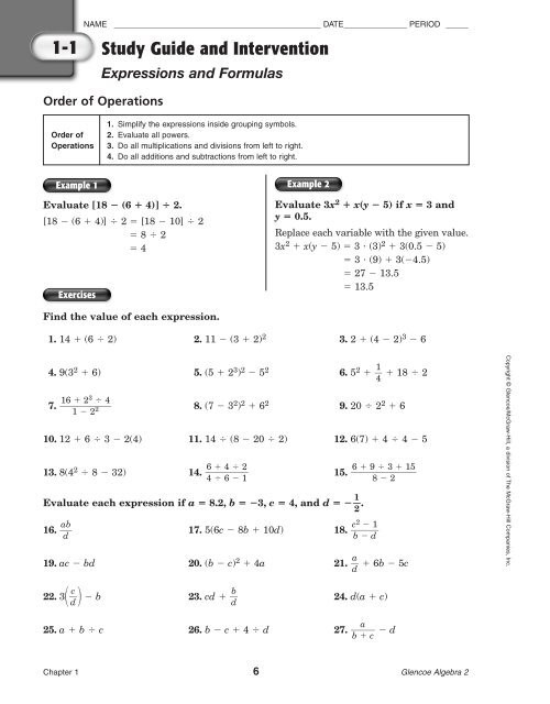 Order of Operations 1-2: Study Guide Answer Key and Intervention Tips ...